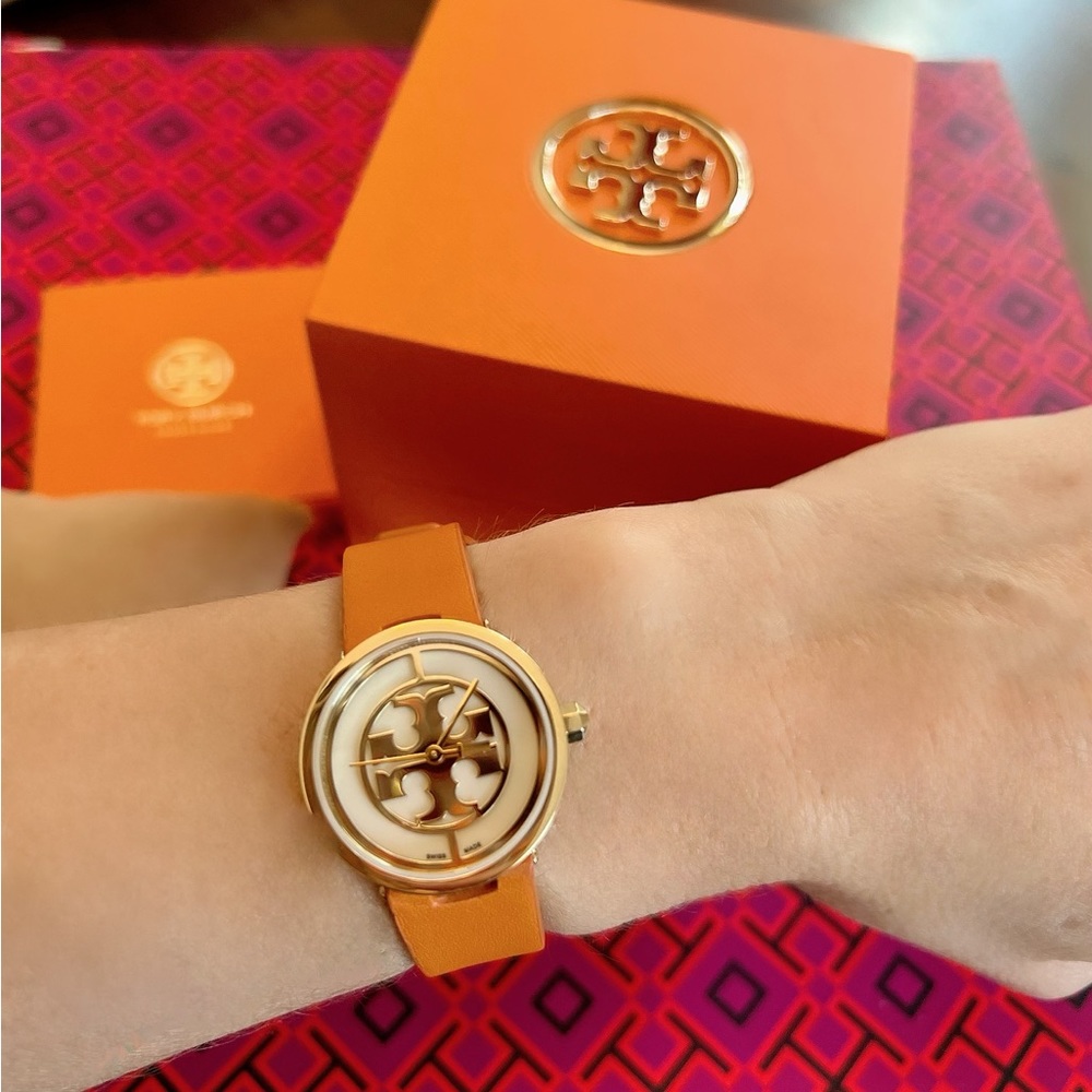 Tory Burch Gold Case Watch with Burnt Orange/Tan Leather Strap - New Never Worn